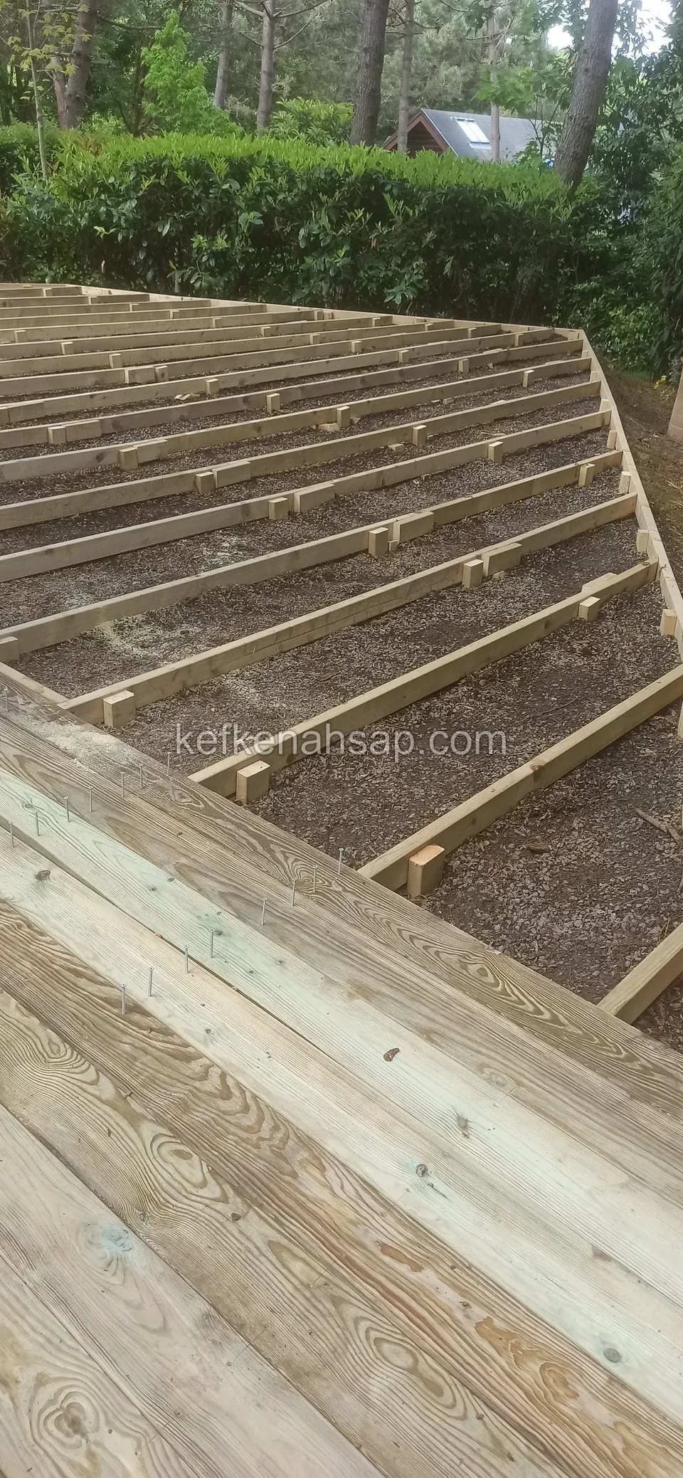 Çalı çitin önünde, sıralı alt kirişlerin üzerine ilk emprenyeli çam tahtaları döşenen geniş deck