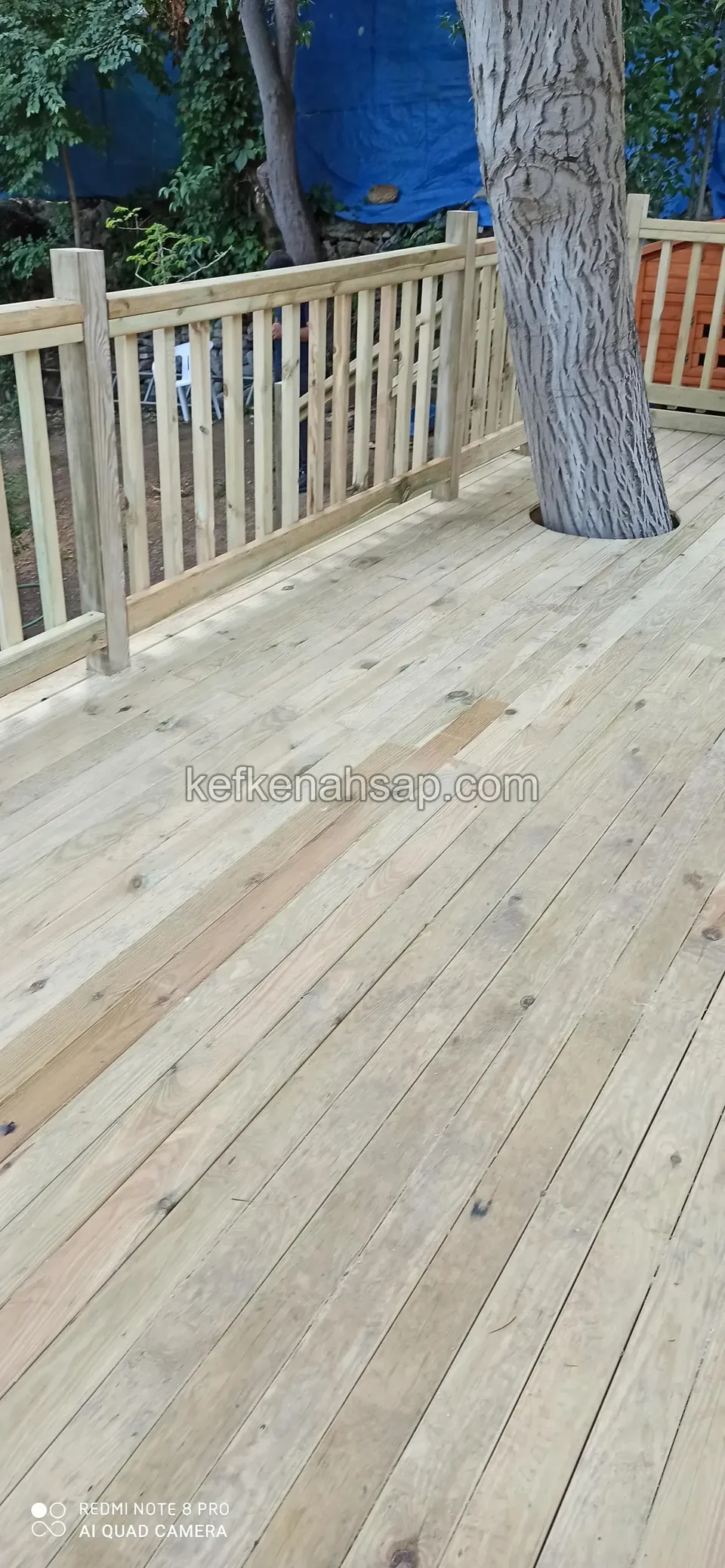Pale pine deck around a tree with a slatted timber railing running along its edge
