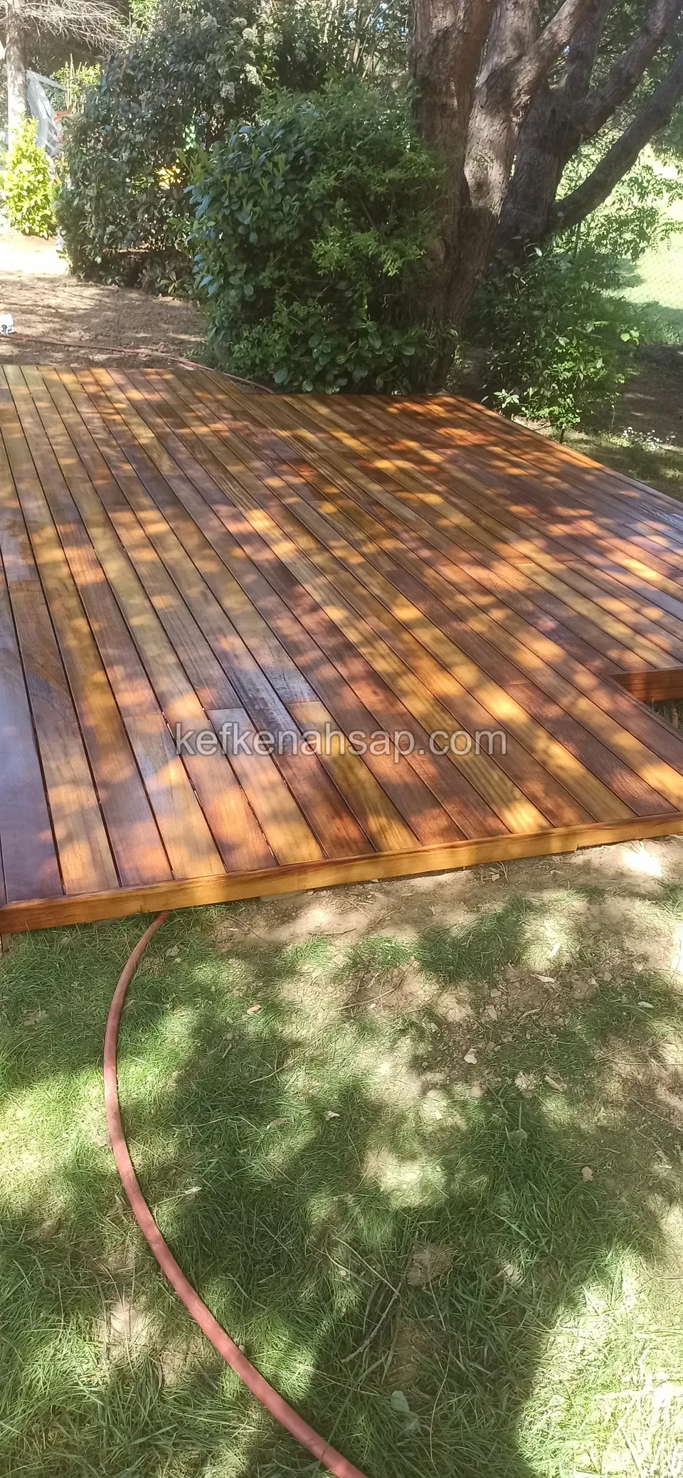 Ağaç gölgesinde çimen üzerinde turuncu kahverengi cilalı deck, önde hortum