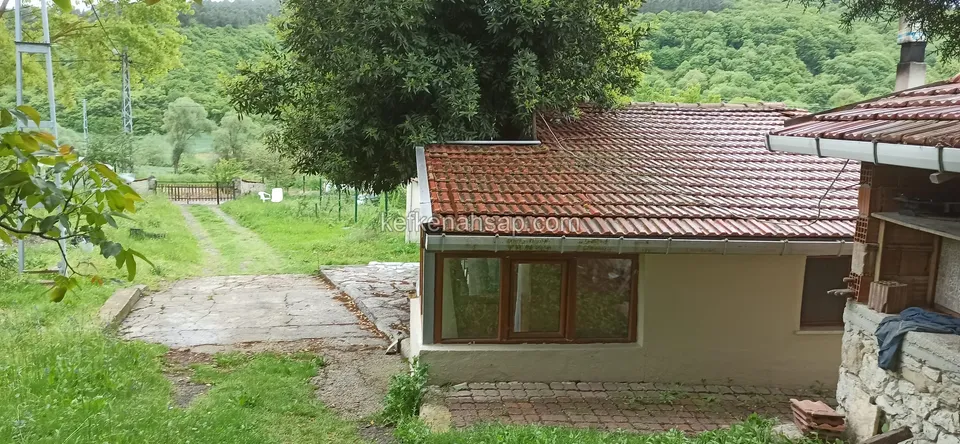 Kiremit çatılı evin ahşap doğramalı cephesi, önünde taş döşeli bir yol ve çimli bahçe