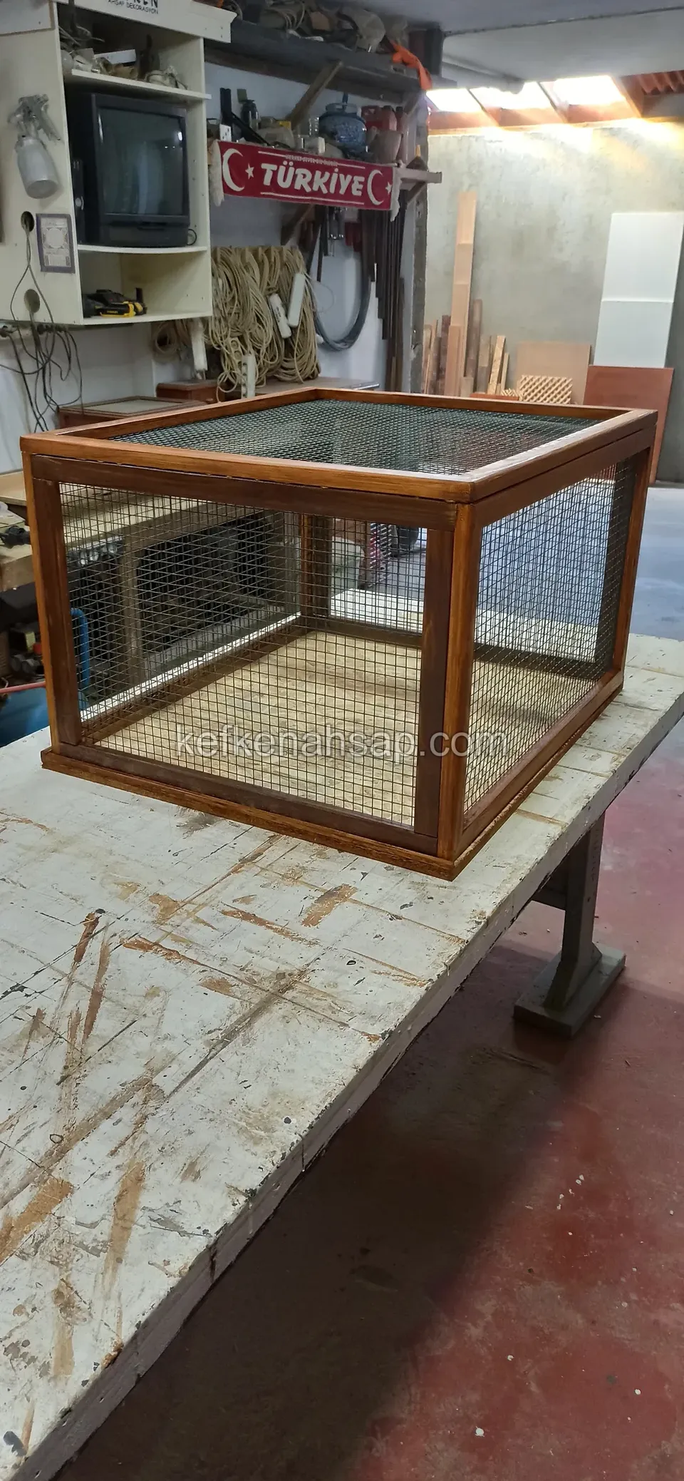 Small red-brown framed cage with wire-mesh faces on a workshop table, with a television and a flag behind