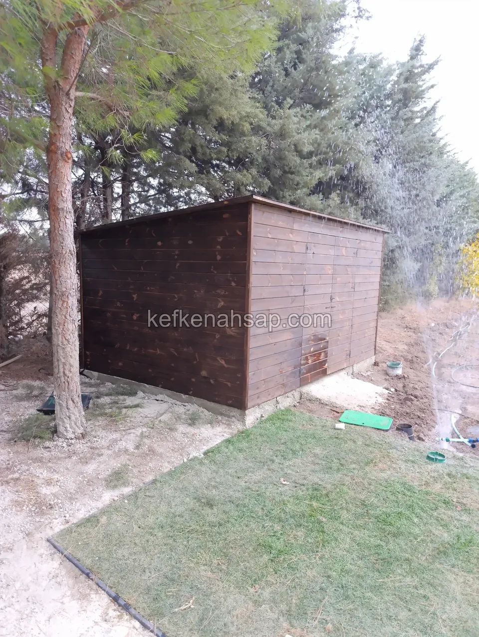 Çam ağaçlarının yanında, yeni serilmiş çimenin kenarında duran koyu kahverengi yatay kaplamalı tek eğimli ahşap depo