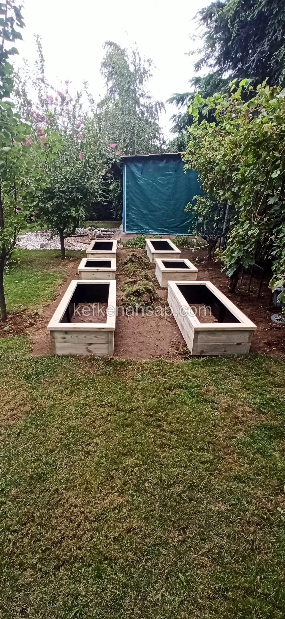 Light timber raised garden beds set out on a soil patch at the end of a lawn