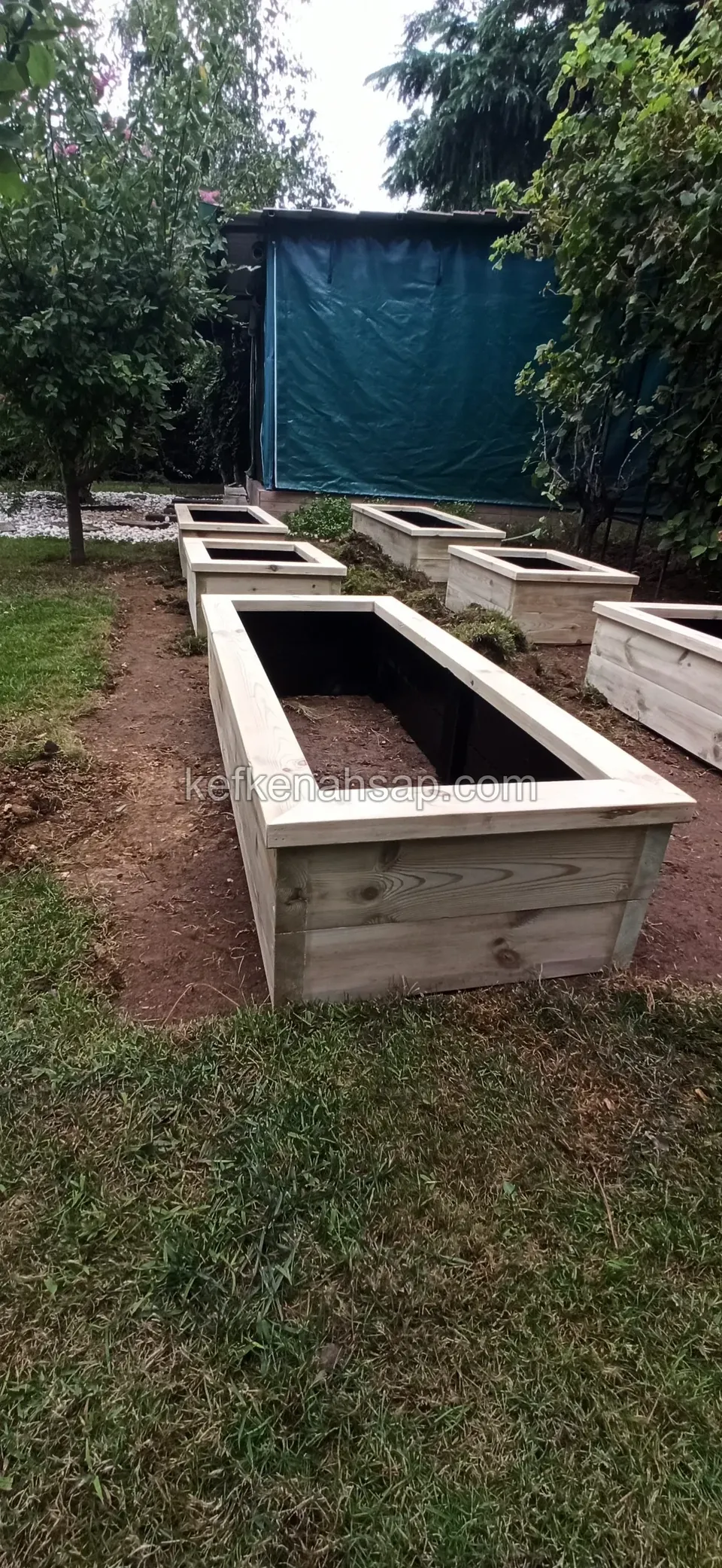 Long timber planter set into the soil of a garden with the others lined up behind it
