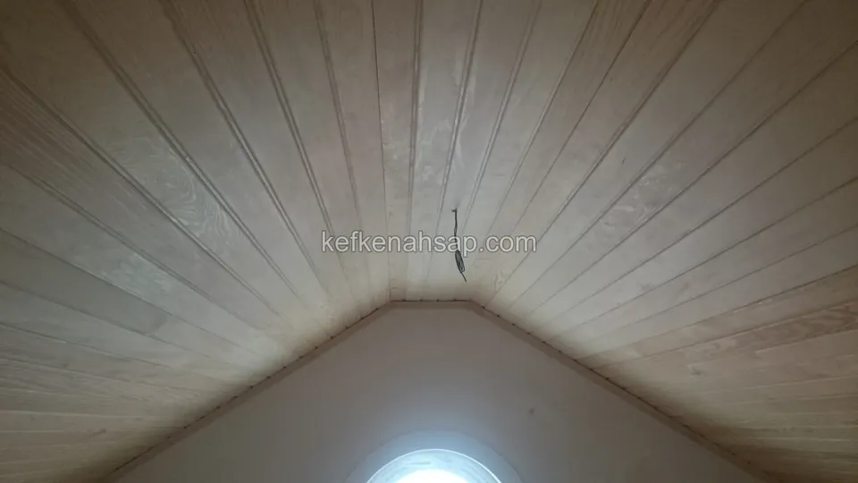 Beşik çatı biçimli tavanda ortadan yelpaze gibi açılan ince lambri şeritleri, alt ucunda yarım daire bir pencere