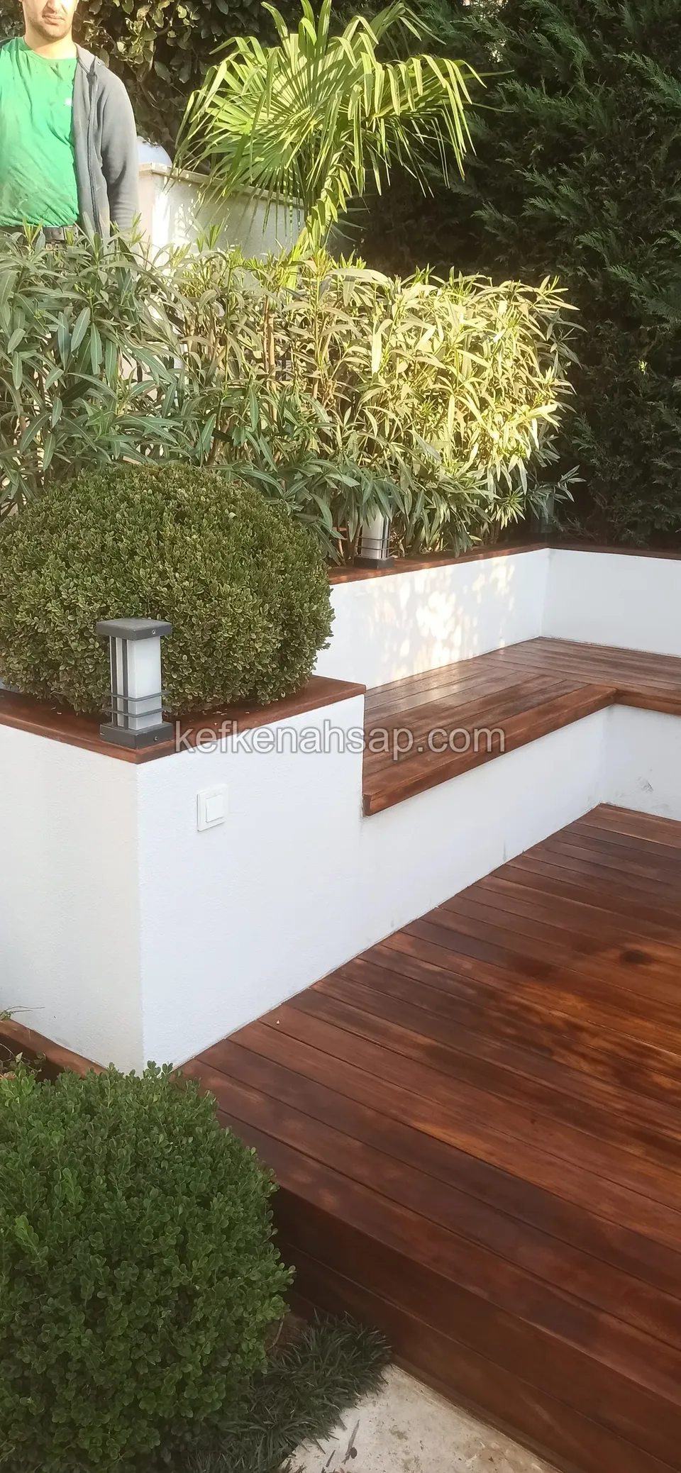 A timber-capped bench on a low white-rendered wall, round clipped shrubs, a small garden lamp and a dark brown deck floor