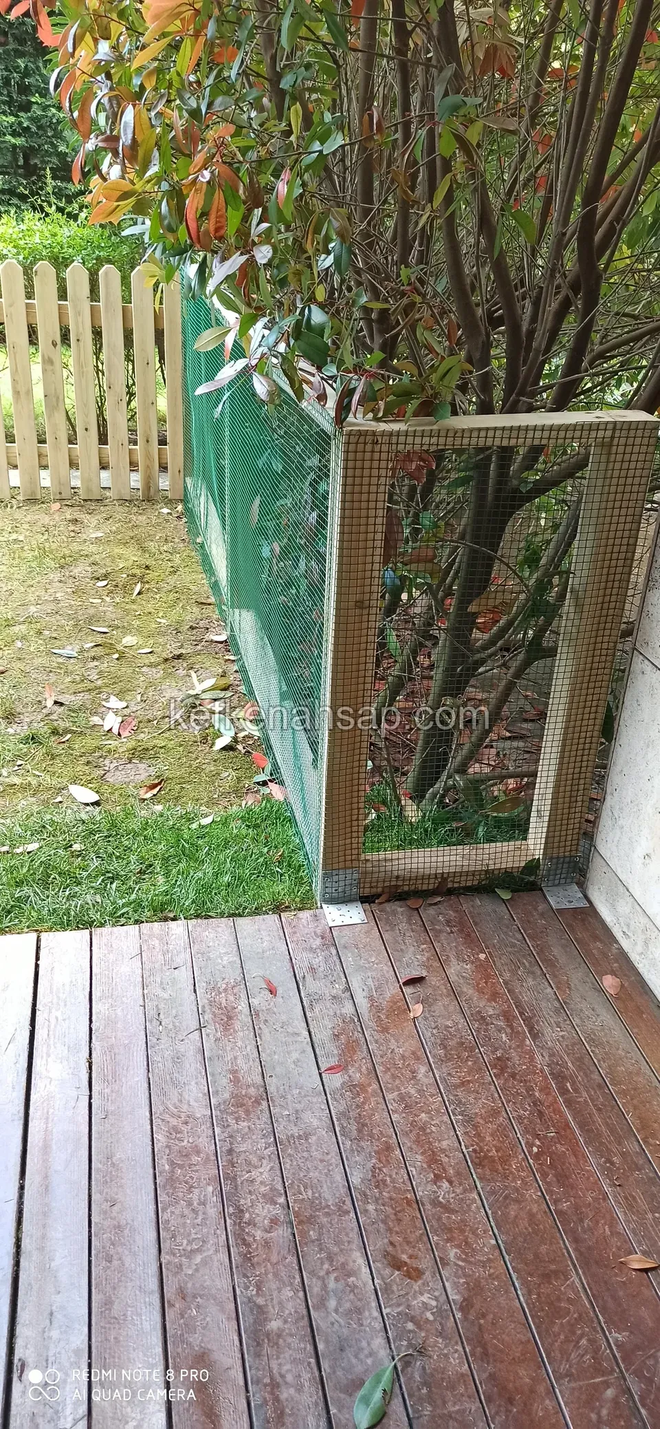 Koyu kahve deck zeminin köşesinde, bir ağaç gövdesini çevreleyen telli ahşap çerçeve; arkada sivri uçlu açık renk çıtalı çit