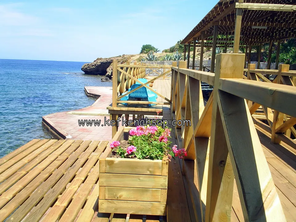 Timber deck by the sea with a cross-braced railing and a timber planter box with pink flowers