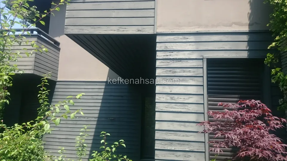 Boyası kabarıp dökülmüş gri yatay ahşap cephe kaplaması ve panjur tipi kapak; yanda kırmızı yapraklı bir bitki