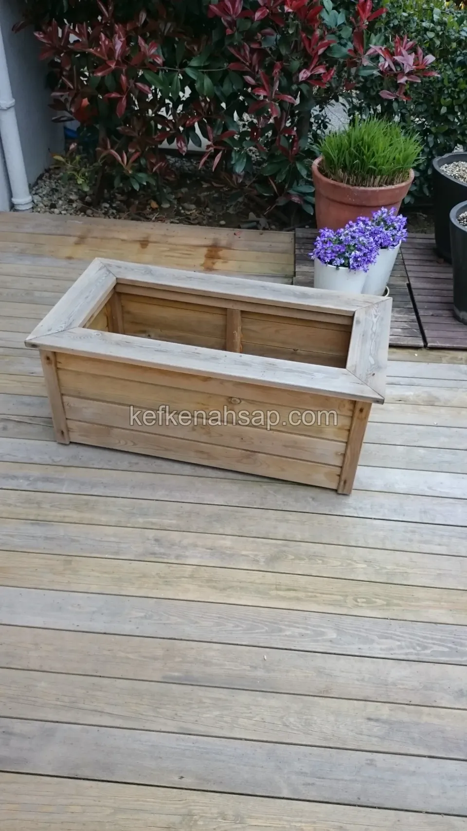 Geniş tahtalı deck üzerinde, geniş kenar kuşaklı ahşap çiçeklik; arkada kırmızı yapraklı bitki ve saksılar