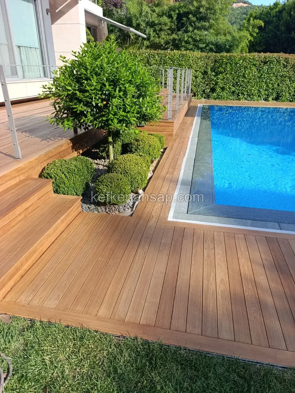 Honigfarbenes Holzdeck um den Pool mit Stufen, Geländer und einem kleinen Baum mit niedrigen Sträuchern im Garten