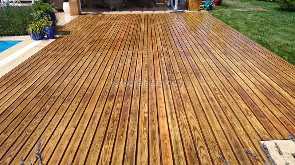 Havuz ve evin önünde uzanan bal rengi, cilalı parlak deck; kenarda lavanta ve saksılar, sağda çimen