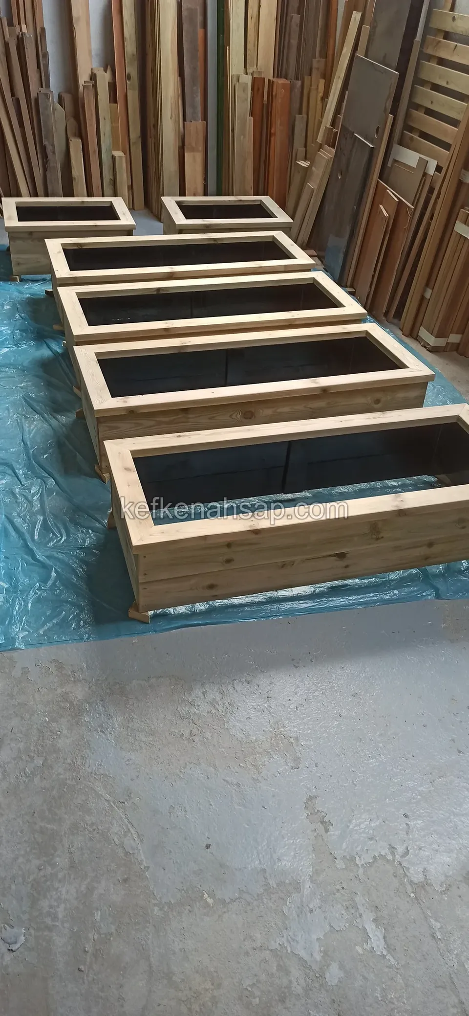 Long light timber planters lined up in rows on blue plastic with upright timber behind