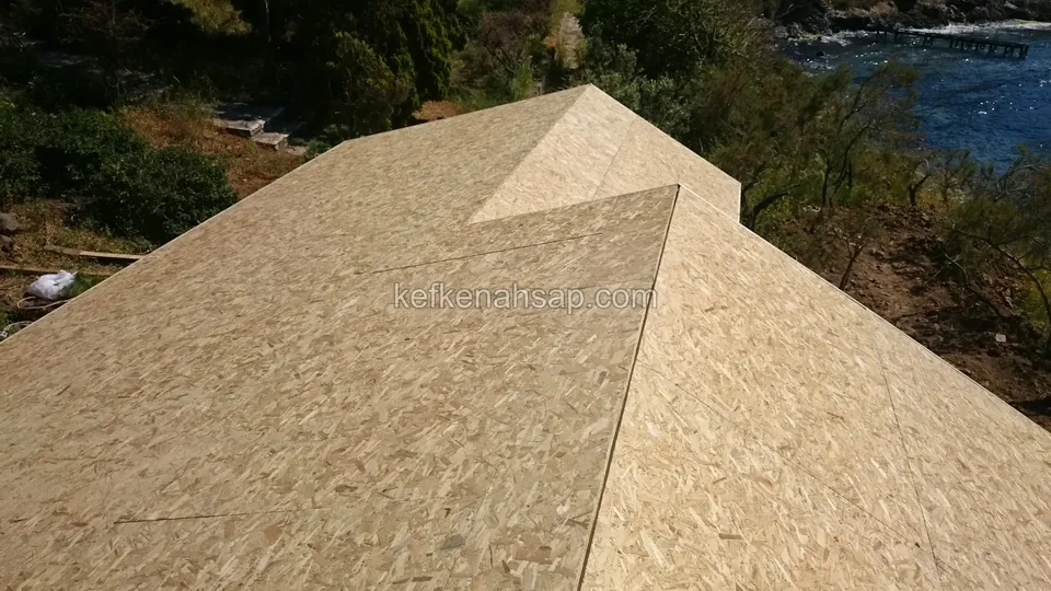 Walmdach in Pyramidenform mit OSB-Platten verkleidet, im Hintergrund Wasser und Bäume