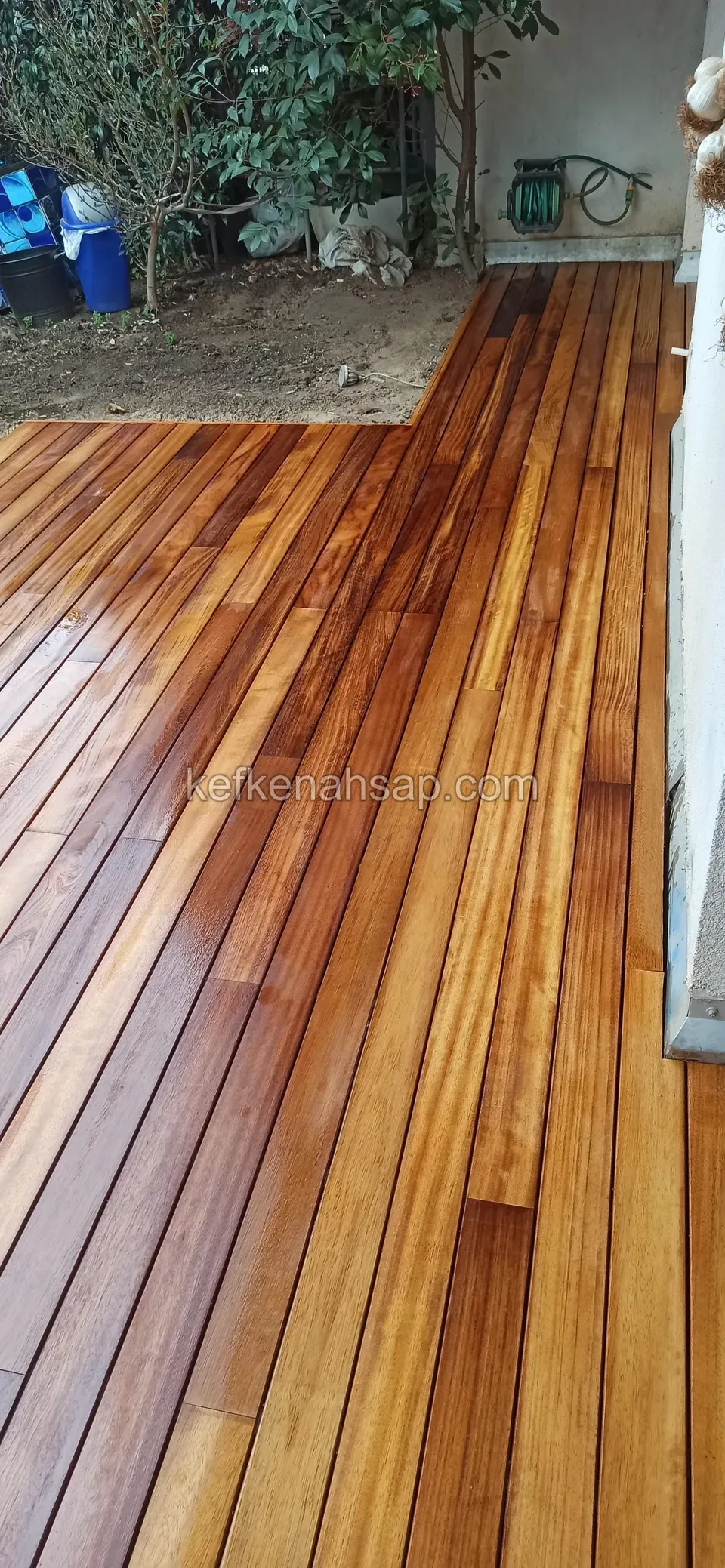 Glossy varnished deck boards in orange and brown tones, with a wall and shrubs at the edge