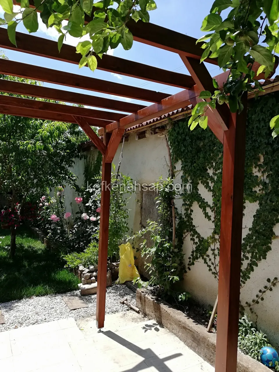 Sarmaşıklı bahçede kahverengi vernikli ahşap pergola kirişleri, köşede ağaç dalları ve çiçek açmış bitkiler