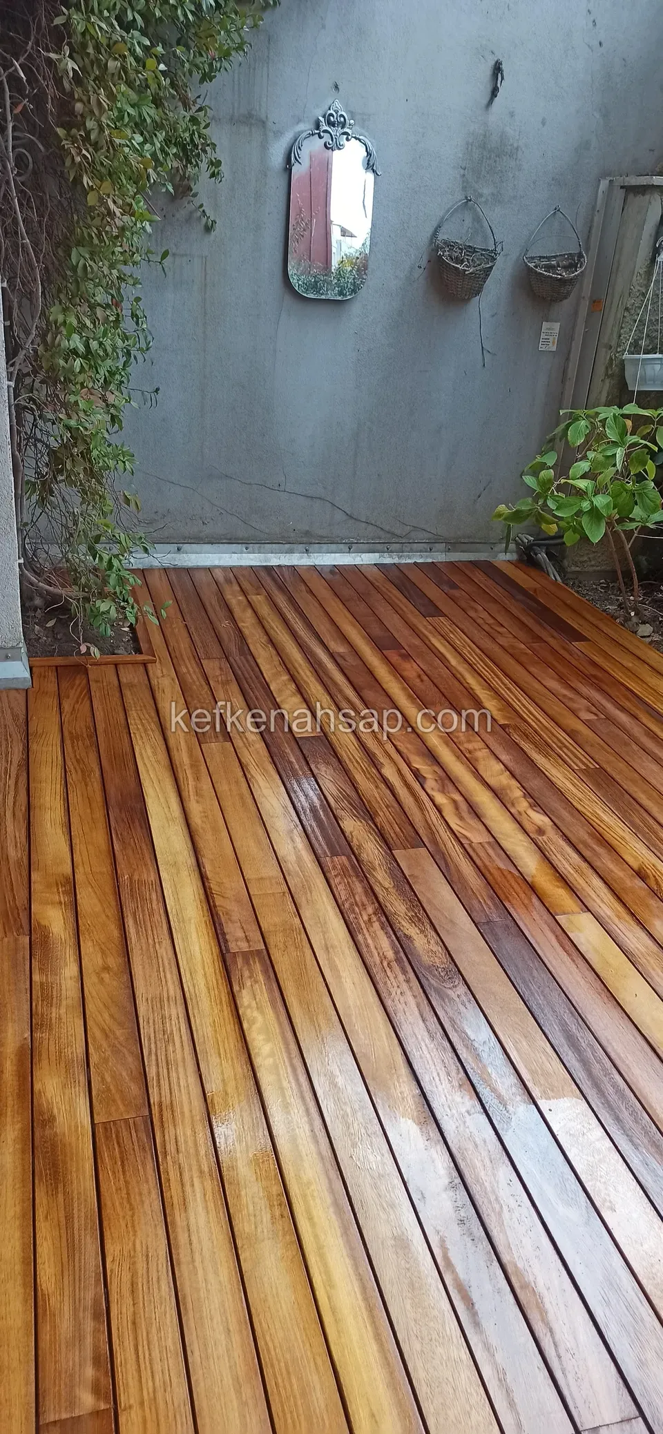 Glossy varnished orange-brown decking in front of an ivy-covered wall, with decorative pots on the wall