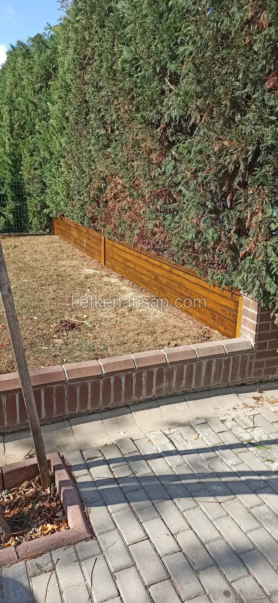 Low timber planter built inside a brick-edged garden bed in front of a cypress hedge