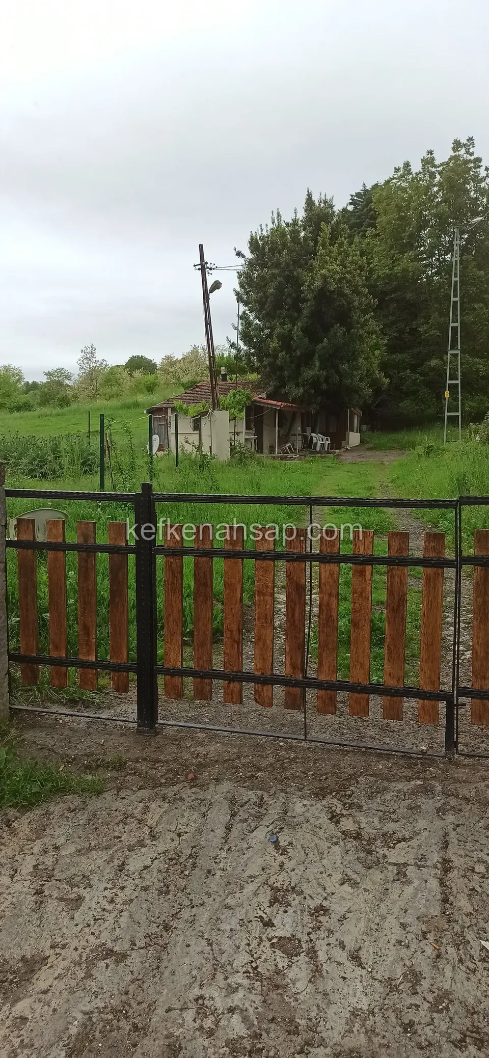 Siyah metal çerçeveye oturtulmuş kahverengi ahşap çıtalardan çit ve kapı, arkada çayır, ağaçlar ve küçük bir yapı