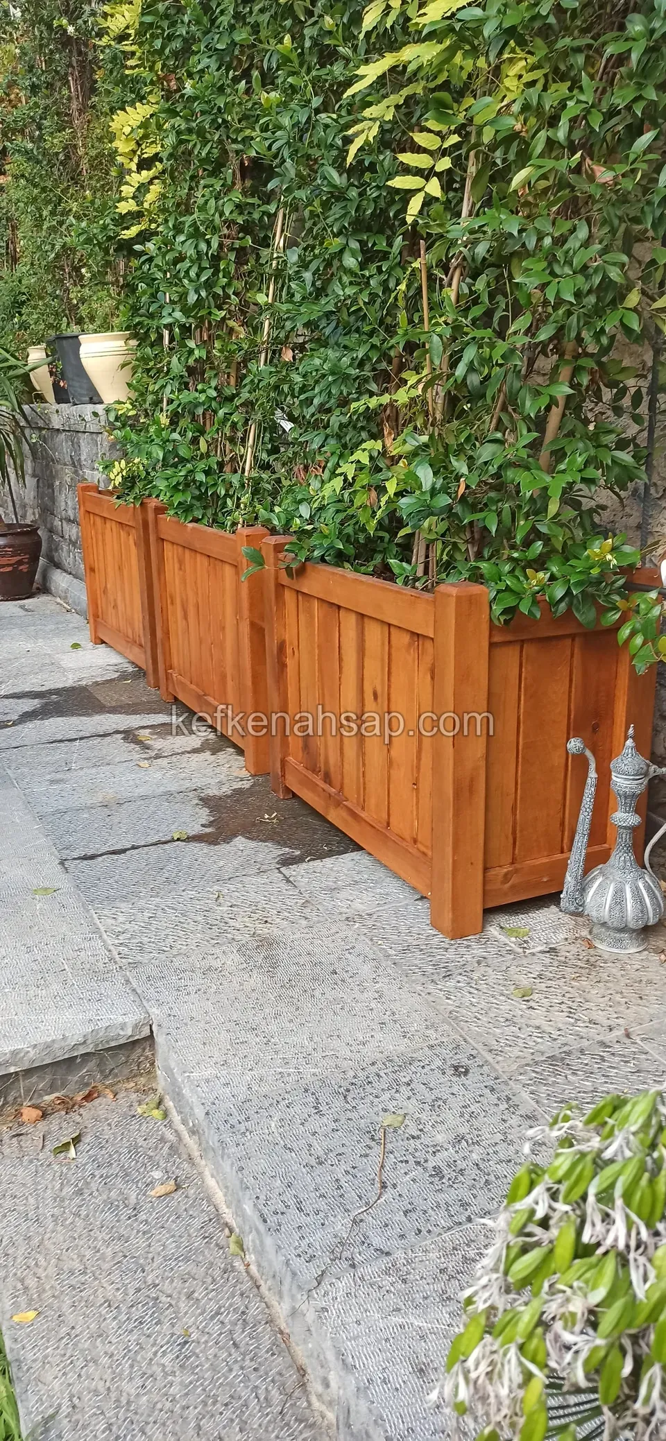 Honey-toned timber planters with vertical boards along a stone path, filled with climbing plants