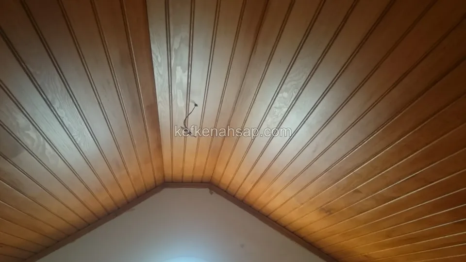 Ortada tepe çizgisi olan, bal-kahve tonlarında vernikli lambri tavan ve alt uçta ışık alan bir pencere